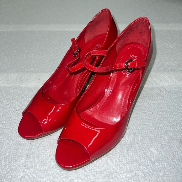 Franco Sarto Womens 8 1/2M Pumps Red Patent Leather Cork Wedge Peep Toe - Picture 2 of 11
